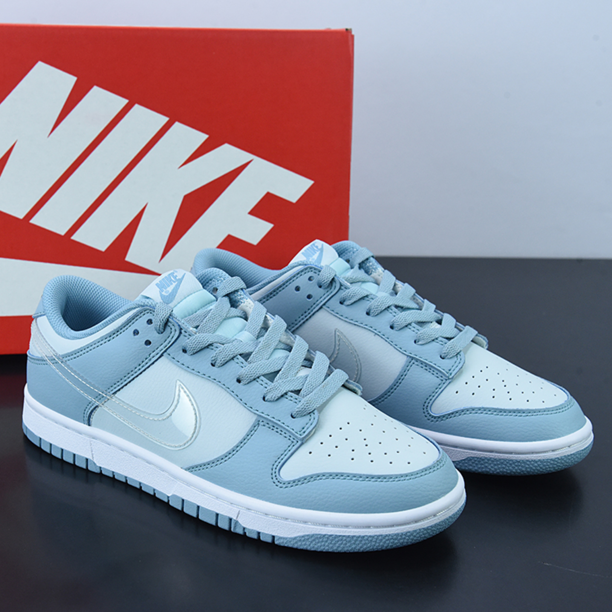 White nike store shoes blue swoosh